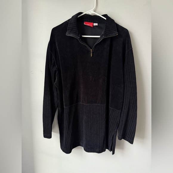 Liz Claiborne Sweaters - VTG Liz Claiborne Black Zip-Up Sweater Suede Cotton Pattern Pullover Soft Size L